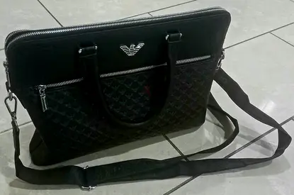 Black leather-look laptop briefcase with shoulder strap