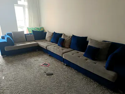 Large L-shaped Blue  Grey Fabric Sofa — Good Condition
