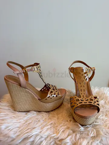 Beige laser-cut wedge sandals with ankle strap - size 36
