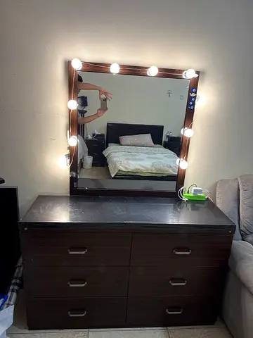 Dark Wood Dresser with Lighted Vanity Mirror - Good Condition