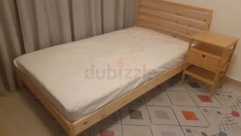 Pine twin Bed Frame with Mattress and Matching Nightstand