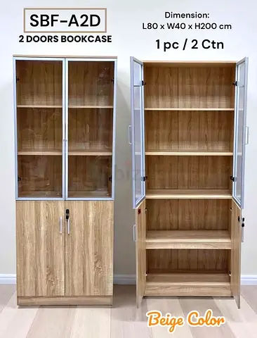 2-Door Beige Wood Bookcase with Glass Upper Doors (L80 x W40 x H200 cm)