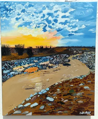 Original Landscape Painting — Riverside Sunset (Signed) stoney stream at dusk