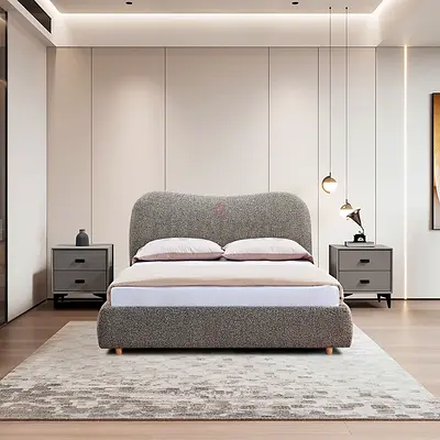 Upholstered Double Bed with Curved Headboard and Matching Nightstands