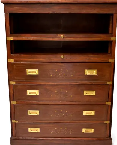 Vintage Wooden Cabinet / Tall Chest with Brass Inlay and Shelves