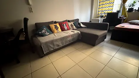 Ikea L-shaped grey fabric sofa with chaise - good condition