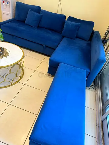 Blue L-shaped Velvet Sofa with Chaise and ottoman stool - Good Condition