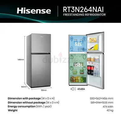 HIsense. ​Gross 265L/Net 203L Top Mount Refrigerator Fridge RT3N264NAI