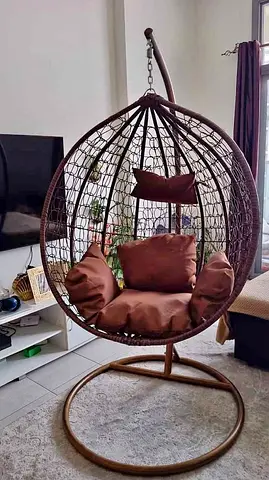 Brown Rattan Hanging Egg Chair with Stand and Cushions