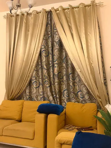 Tailored curtains velvet with embellishments, tie backs double rod