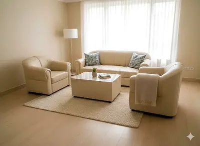 Beige 3-Seater Sofa with Two Armchairs and Coffee Table - Good Condition