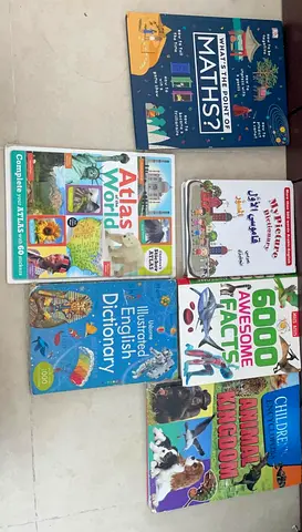 Bundle of 8 Childrens Educational  Reference Books — Atlas, Dictionary, Math  More