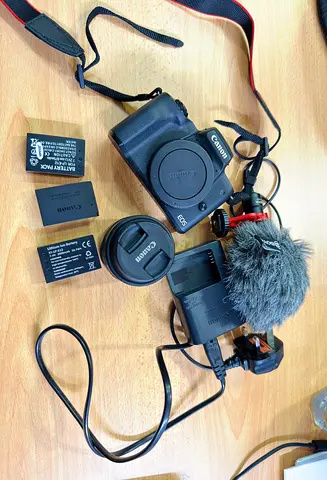 Canon EOS M50 Mark II bundle with external mic, spare batteries and charger
