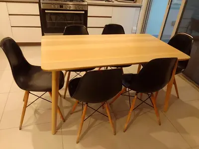 Solid Wood Dining Table with 4 Black Modern Chairs - Good Condition