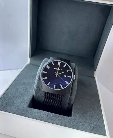 Police brand mens black metal mesh wristwatch