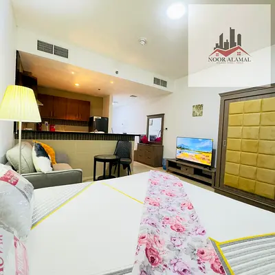Dubai, Al Furjan, furnished studio apartment with hotel-style furnishings, second occupancy. Large room, American-style kitchen, and bathroom. Price: