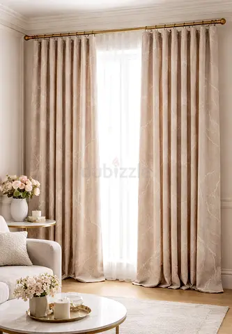Pair of Beige Velvet Curtains with Sheer Liner - Ready to Hang