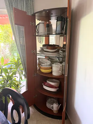 Corner Curio Cabinet – Walnut Finish, Curved Glass, Interior Light