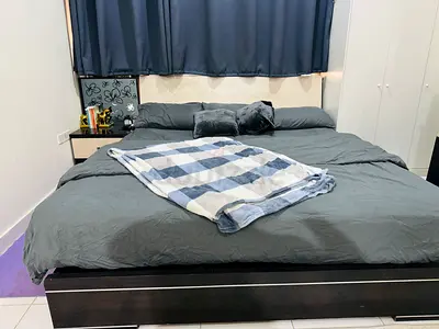 Super King Bed Set with Storage + two side tables+ Wardrobe + Dressing Table