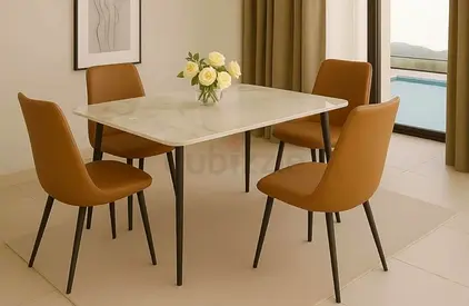 Modern 4-Seater Dining Table with Marble Top and Brown Chairs
