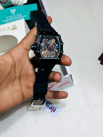 Black Skeleton Dial Sports Watch with Rubber Strap