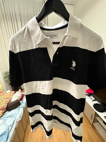 Black  White Striped Polo Shirt - Medium