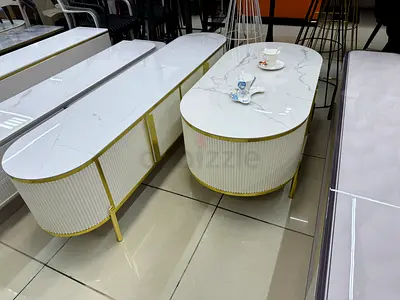 Set of 2 White Marble-Top Coffee/TV Consoles with Gold Trim