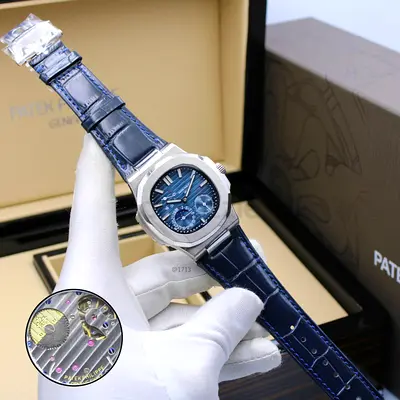 Patek Philippe Nautilus Blue Dial Mens Watch with Leather Strap