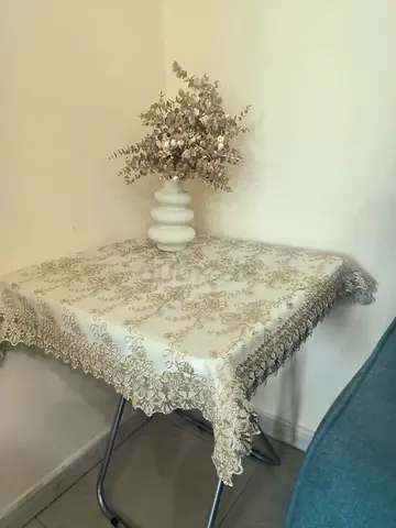 Beige Embroidered Table with Lace Edging (Square)