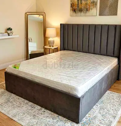 Brand New Grey Velvet Queen-Size Platform Bed with Mattress Padded Headboard
