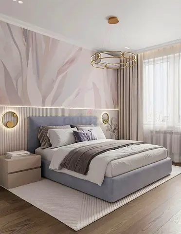 Modern upholstered double bed with bedside tables and decorative headboard wall