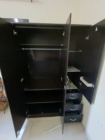Dark Brown 3-Door Wardrobe with Shelves and Drawers plus Shoes rack with top shelves