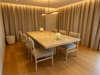 CrateBarrel dining table with six chairs marble