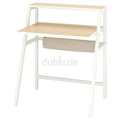 Compact White Wood Computer Desk with Shelf and Paper Roll Holder