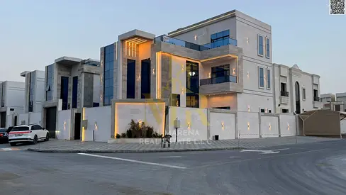 Luxury furnished corner villa for sale in Al Helio 2 – Ajman | 6 bedrooms | Private pool | Indoor elevator | Rooftop terrace. All-inclusive price.