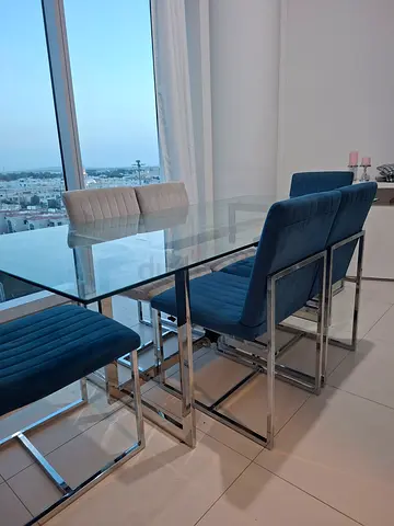 Glass Dining Table with 6 Blue Velvet Chairs - Modern Set