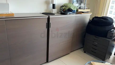 Modern wooden sideboard / storage cabinet - light grey oak finish, with security lock.