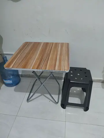 Compact Folding Table with Small Plastic Stool — Light Wood Top