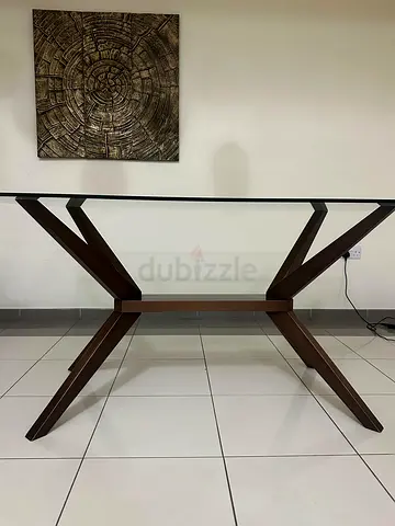Glass Top Dining Table with wooden Base - Modern Design