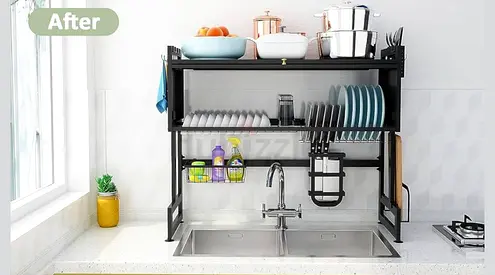 Over-Sink Stainless Steel Dish Rack with Utensil Holders - Black