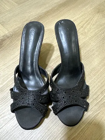 Black Slip-On Heeled Mules with Rhinestone Detail - Size 39