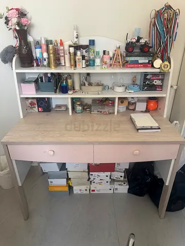 Wooden Study Desk with Shelving and Drawers - Light Oak Top, White Frame