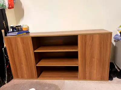 Low wooden TV cabinet / storage sideboard in walnut finish