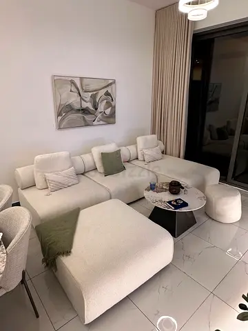 Light Cream L-shaped Fabric Sofa with Ottoman — Great Condition