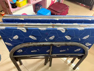 Used Single Metal Bed Frame with Mattress (Blue Feather Pattern)