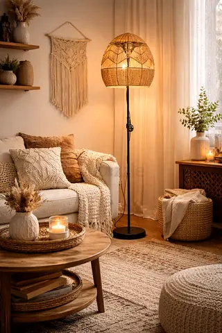 Woven Rattan Floor Lamp — Boho Standing Lamp with Warm Light