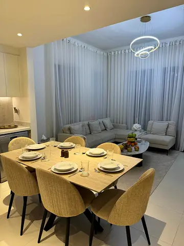 Modern 6-Seater Dining Table with Upholstered Chairs - Light Wood Finish