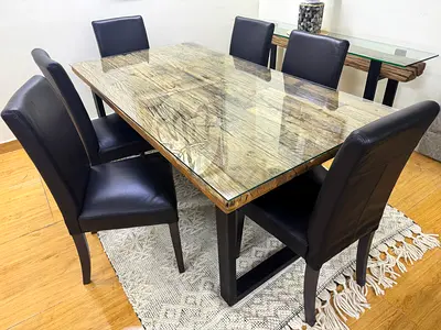 Marina Home Railway Wood Dining Table With Leather Chairs