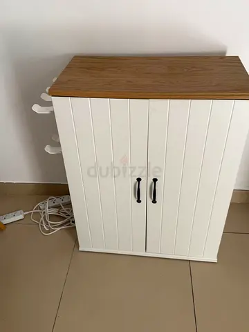 White Wooden Wall Cabinet with Oak Top - Compact Storage