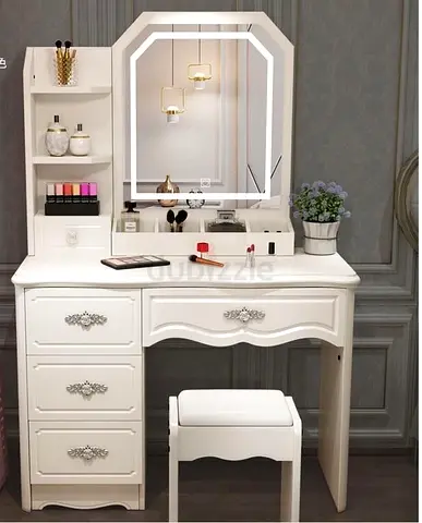 White Vanity Dressing Table with Mirror and Stool - 4 Drawers